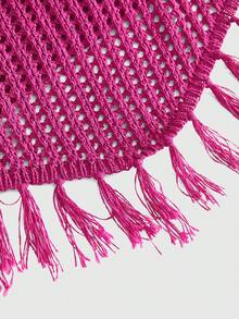 ROMWE Avant Casual Vacation Sexy Pastal Hollow Out Tassel Hem Knit Top Golf Summer - Hot Pink - View 3