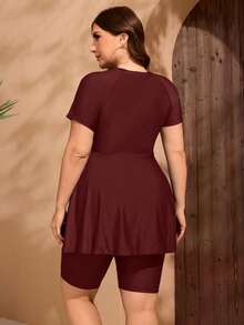 Swim Mulvari Plus Size Women Burkini Set, Ruched Side Tankini Swimwear, Slate Blue - Burgundy - View 2