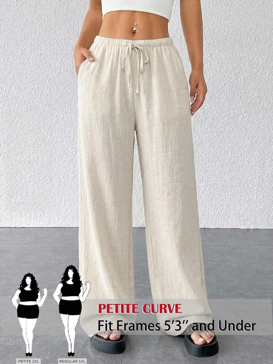 SHEIN PETITE CURVE 大尺碼女款素色抽繩腰休閒百搭日常外出長褲