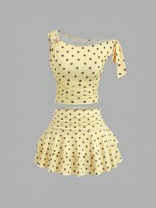 Sweetra Women's Summer Brown Metallic Floral One Shoulder Cami Top & Pleated Layered Mini Skirt - Light Yellow - View 3