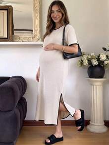 SHEIN Maternity Spring Summer Contrast Trim Split Dress Suitable For Beach Photoshoot Holiday Vacation Birthday Party Baby Shower Garden Street Casual Chic - Khaki - View 4
