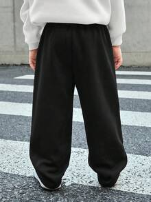 SHEIN Bubblio 兒童小男孩純色抽繩腰寬腿寬鬆休閒運動長褲 - 黑色 - 查看 2