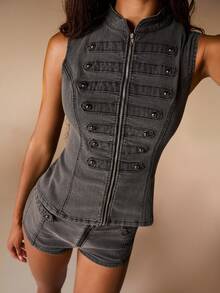Opulessa Casual Solid Color Women's Zipper Front Vest Jacket - Grey - View 4