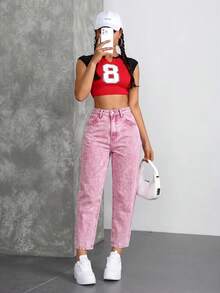 SHEIN ICON 女款高腰口袋休閒百搭牛仔媽媽牛仔褲 - 西瓜粉 - 查看 7