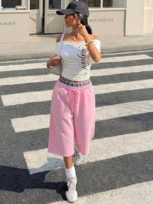 Muchica 粉色格紋女款針織休閒街頭風運動休閒寬鬆低腰膝長運動短褲，適合春夏返校健身穿搭 - 粉色 - 查看 3