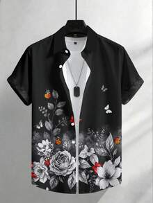 NEOREFINED 男士花卉蝴蝶印花短袖襯衫，休閒百搭日常襯衫 - 黑色 - 查看 1