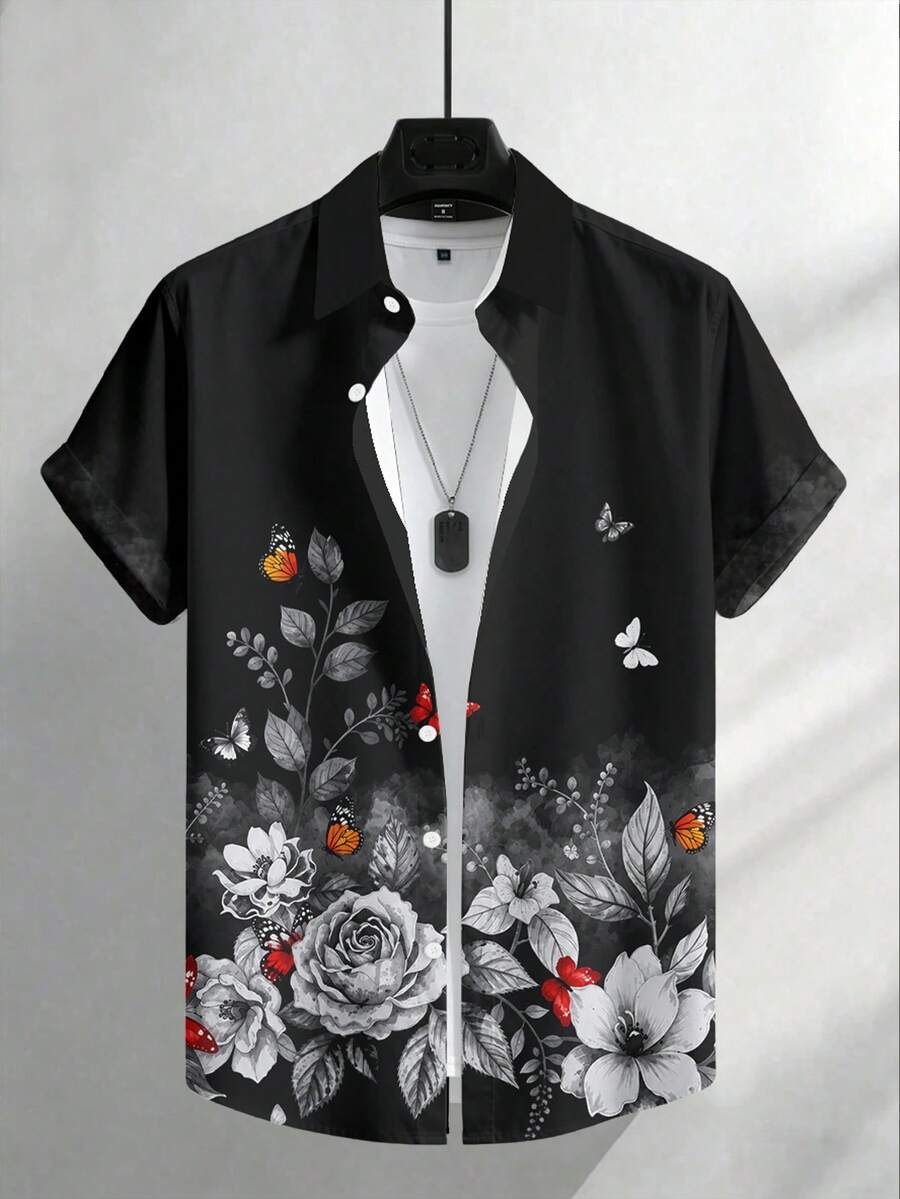 NEOREFINED 男士花卉蝴蝶印花短袖襯衫,休閒百搭日常襯衫 - 黑色 - 查看 1