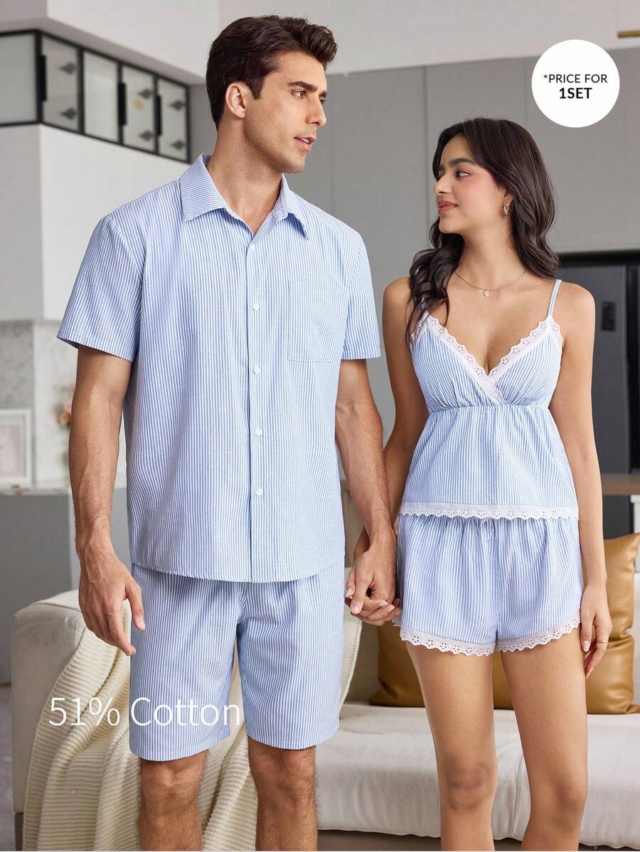 CoupledUp Cute Solid Color Casual Woven Striped Square Neck Short Sleeve Button-Up Shorts Men's Loungewear Set - Blue - View 1