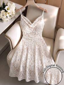 SHEIN Clasi Spring And Summer New Fashionable And Casual Lace Printed Halter Dress - Multicolor - View 4