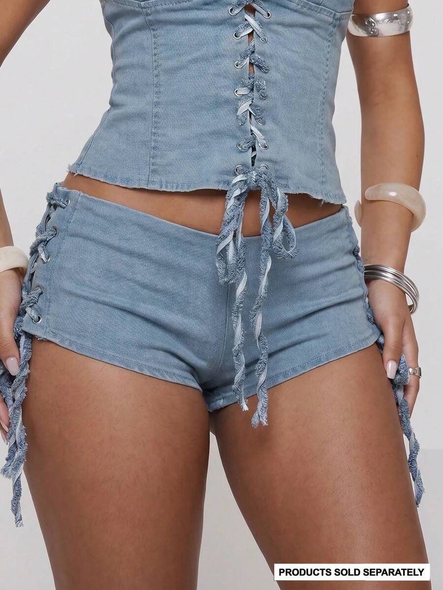 MUSERA Low Rise Zip Front Tie Side Fitted Micro Shorts Hotpants Spring Summer Festival Sexy Ibiza Vacation Holiday Y2k Cowgirl Deconstructed Cowboy - Blue - View 1