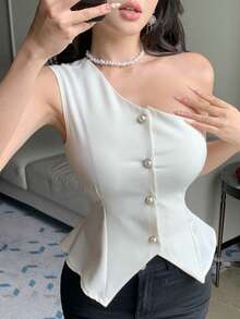 DAZY Women's Summer Autumn Asymmetric Shoulder Sleeveless Waist-Cinching Pearl Button Decor Solid Color Blouse - White - View 12