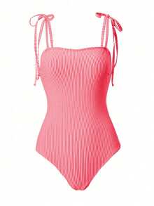SHEIN Swim 女款條紋連身泳衣，適合度假與海灘 - 西瓜粉 - 查看 6
