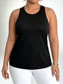 SHEIN Dewbera Plus Size Solid Color Hollow Back Sports Tank Top - Black - View 5