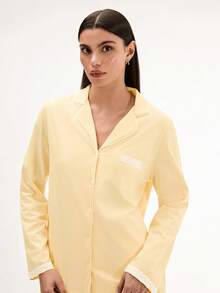 LUVLETTE 基础款黄色柔软100%纯棉面料蕾丝边长款女士睡衣套装家居服套装女士睡衣纯棉睡衣 - 黃色 - 查看 9