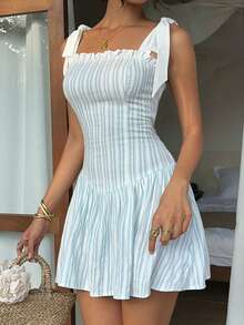 Sunnyshic Women's Summer Striped Jacquard Contrast White Tie-Up Ruched A-Line Casual Vacation Mini Dress - Blue and White - View 3