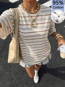 SHEIN EZwear 女款米色條紋運動風寬鬆落肩圓領T恤，休閒居家運動健身外出穿搭 - 彩色 - 查看 1