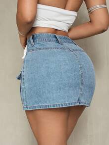 SHEIN SXY 夏季休閒工裝牛仔裙 - 淺色水洗藍 - 查看 2