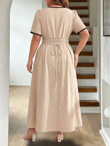 Ceyna Plus Size Women French Casual Elegant Cinched Waist Round Neck Short Sleeve Dress - Apricot - View 3