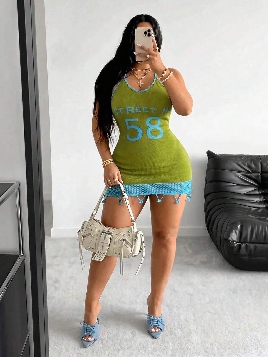 Sunnyshic Plus Size Sexy Halter Neck Contrast Color Slim Fit Bodycon Knit Dress, Spring/Summer Fall - Green - View 1