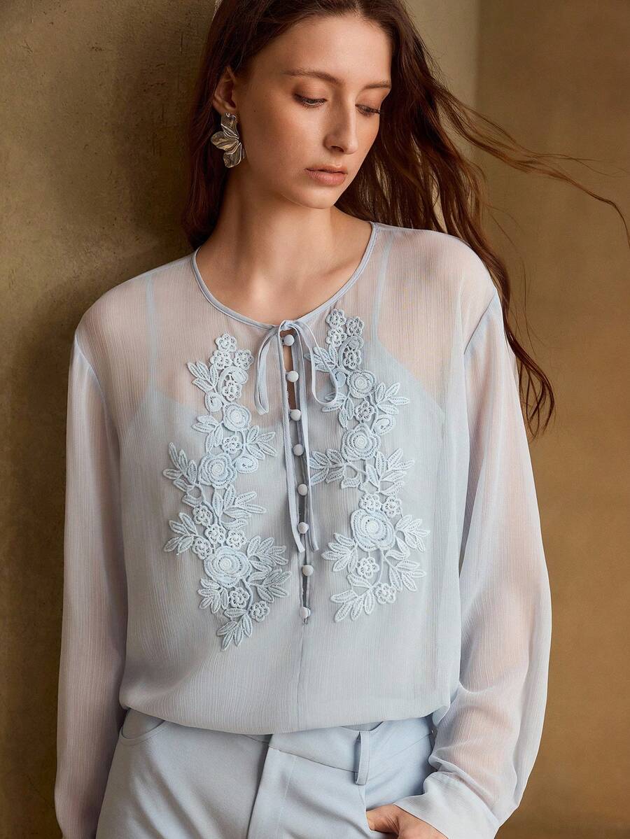 MOTF PREMIUM CHIFFON EMBROIDERY FLORAL TIE NECK SEMI-SHEER TOP - Blue - View 1