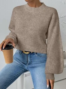 SHEIN 女款秋冬新款混色駱駝色圓領針織毛衣，優雅休閒寬鬆落肩燈籠袖套頭衫，適合日常穿著與街頭風 - 駝色 - 查看 9