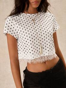 Easelle White Polka Dot Lace Patchwork Cropped T-Shirt For Women - Black and White - View 4
