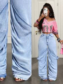 SHEIN VaVaLuxe Casual Streetwear Outdoor Ruched Design Women's Jeans Going Out Night Out Light Blue Summer - Blue - View 2