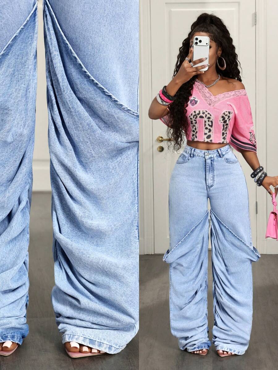 SHEIN VaVaLuxe Casual Streetwear Outdoor Ruched Design Women's Jeans Going Out Night Out Light Blue Summer