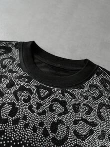 ROMWE MEN Street Life Leopard Print Rhinestone Fashion Streetwear Men's T-Shirt - Black - View 3