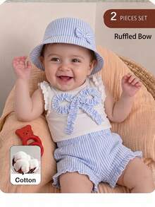 SHEIN Baby Girl Bow Decor Tank Top & Striped Shorts Set - Blue and White - View 3