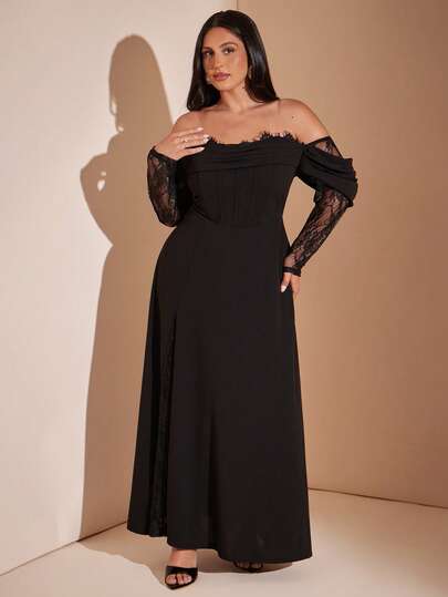 SHEIN BAE CURVE Plus Size Women's Black Lace Split Hem Dress, Elegant Off-Shoulder Lace Long Sleeve Dress, Party Date Dress