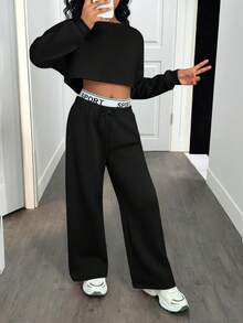 SHEIN Tween Girl Casual Loose Kids Drop Shoulder Sweatshirt With Letter Sweatpants Long Autumn Pants Set, Suitable For Daily Wear, Outings And School - Black - View 3