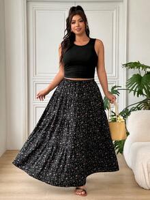 SHEIN EZwear 黑色背心上衣與碎花裙休閒大尺碼套裝 - 黑色 - 查看 2