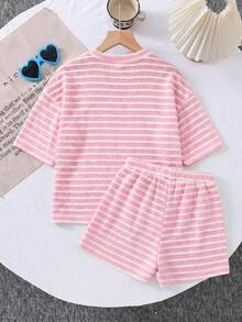 SHEIN LMoss Kids 女童針織素色圓領寬鬆T恤與修身短褲兩件套 - 淺粉色 - 查看 2