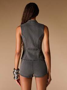 Opulessa Casual Solid Color Women's Zipper Front Vest Jacket - Grey - View 5