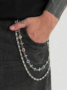 ROMWE Goth 1pc Punk Cross Geometric Chain Waist Chain, Men's Personalized Hip Hop Multi-Layer Body Chain, Daily Music Festival Party Wear, Unisex, Jewelry Gift - Silver - Colored Rhinestone Cross - View 7