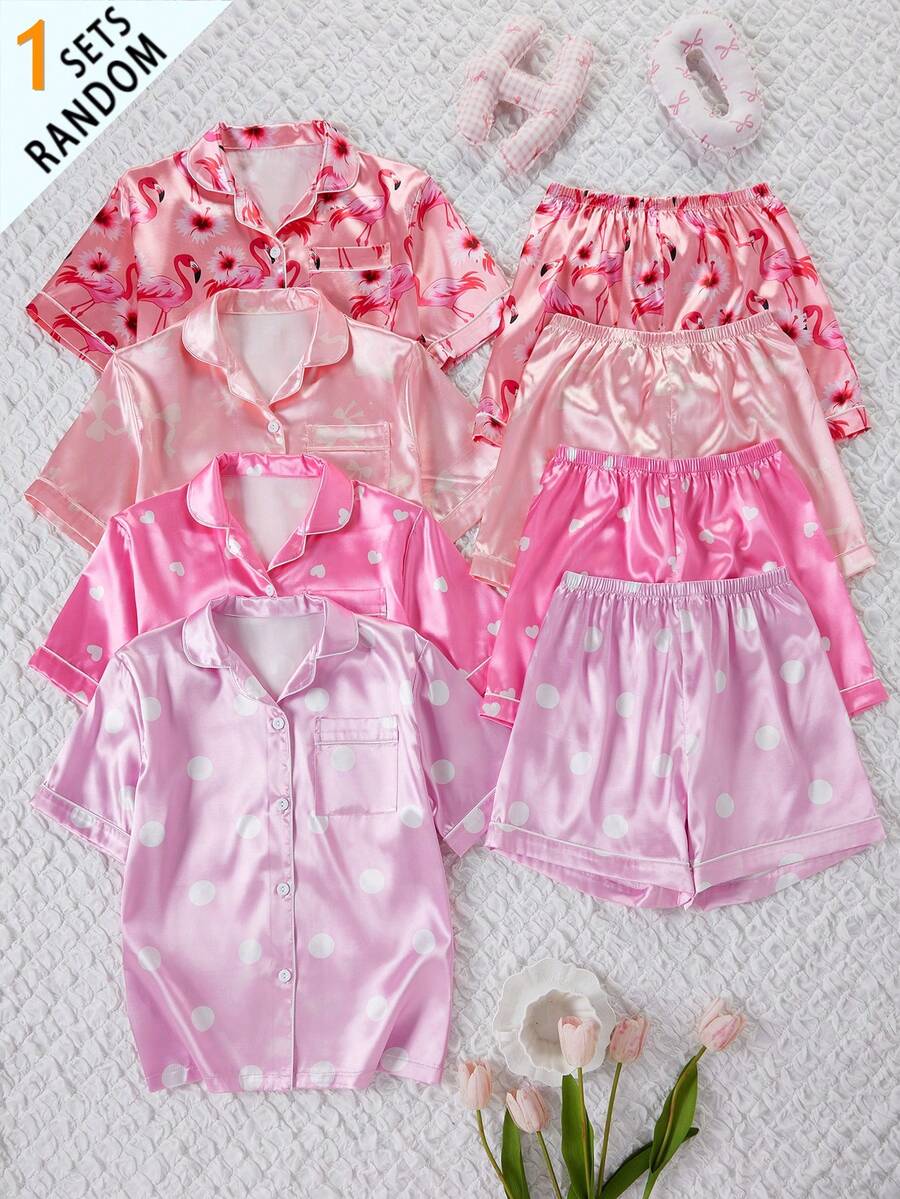 SHEIN 女童睡衣盲盒，包含粉色愛心、粉色蝴蝶結、火烈鳥、紫色波點，4款隨機發送1套，舒適開襟短袖短褲家居服套裝，4款睡衣套裝隨機1套