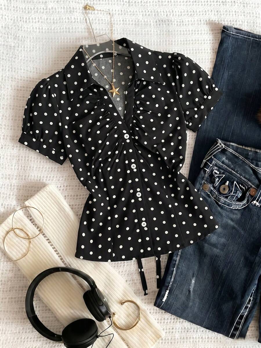 SHEIN Franclia 女款交叉領鈕扣收褶條紋襯衫 - 黑色 - 查看 1
