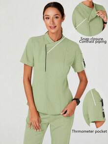 TaskEZ Blusa de trabajo de manga corta de unicolor para mujer - Verde - Ver 8