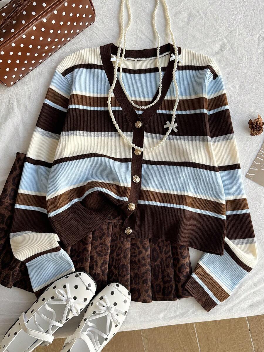 Comfortcana Plus Size Vintage Striped Fitted Elastic Long Sleeve Knit Cardigan - Multicolor - View 1