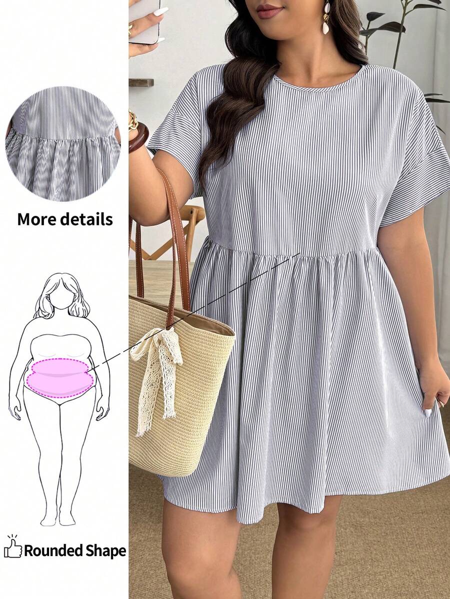 Enliva Plus Size Women's Spring/Summer Fashion Casual Soft Form Loose Comfortable Fresh Daily Versatile Slimming Navy Blue Short Sleeve Shirt Dress Vacation - Grey - View 1