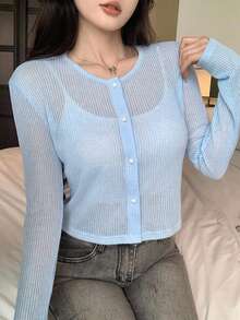 DAZY 春秋款藍色修身甜美罩衫長袖女上衣 - 藍色 - 查看 2