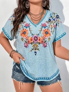 Ceyna 大尺碼女款法式休閒優雅印花V領短袖T恤 - 淺藍色 - 查看 5