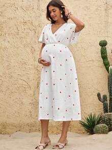 Boho Mama 夏季孕妇装，爱心图案荷叶边短袖哺乳连衣裙，孕妇及哺乳期妇女连衣裙，产后妇女连衣裙，100%纯棉连衣裙，田园风连衣裙，女士服装，纯棉连衣裙，棉质女装，女装 - 紅色 - 查看 7