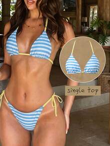 Elavelle Blue White Stripe Halter Bikini Top With Pale Yellow Trim - Multicolor - View 3
