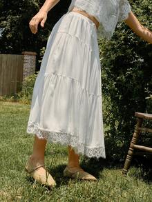 WESTFADE Drawstring Waist Tiered Ruffle Lace Midi Skirt, Back To School, Country Concert Outfit, Festival, Casual, Western, Vacation - White - View 5
