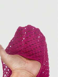ROMWE Avant Casual Vacation Sexy Pastal Hollow Out Tassel Hem Knit Top Golf Summer - Hot Pink - View 5