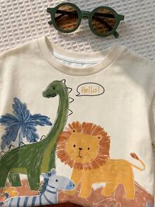 SHEIN LMoss Kids 男嬰休閒簡約上衣，適合春夏，經典可愛卡通蠟筆手繪獅子動物印花 - 彩色 - 查看 5