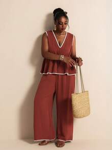 Elaquor Plus Size Vacation Casual Bohemian Boho Contrast Trim Tank Top Long Pants 2 Pieces Set Summer Going Out Bussines Beach Brunch Ruffle Hem - Redwood - View 6