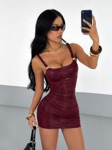 StreetHx Summer Casual Outing Outfit Twisted Rope Fashion Metal Buckle Sexy Slim Fit Flattering Daily Commute Club Party Women Mini Dress Burgundy - Burgundy - View 5